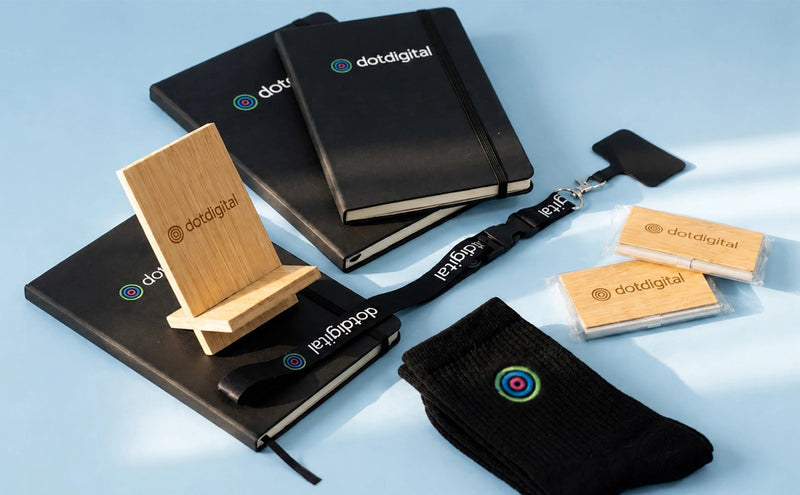 A coordinated set of branded Dotdigital merchandise arranged on a light blue background, including black notebooks, a wooden stand, a black lanyard, two wooden name tags, two small wooden cards, and a black sock with a colorful target logo.