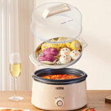 Thermos food steamer with food inside on a wooden table, next to a glass of white wine.