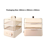 Two beige food steamer containers with a clear lid on a white background, showing packaging size dimensions.