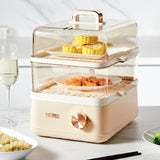 Thermos food steamer with corn and other dishes on a table with a glass of wine.