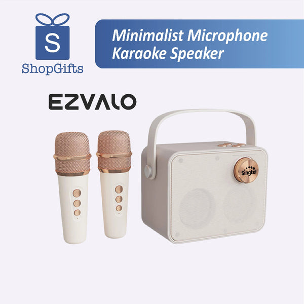 Minimalist wireless karaoke microphone speaker on tabletop