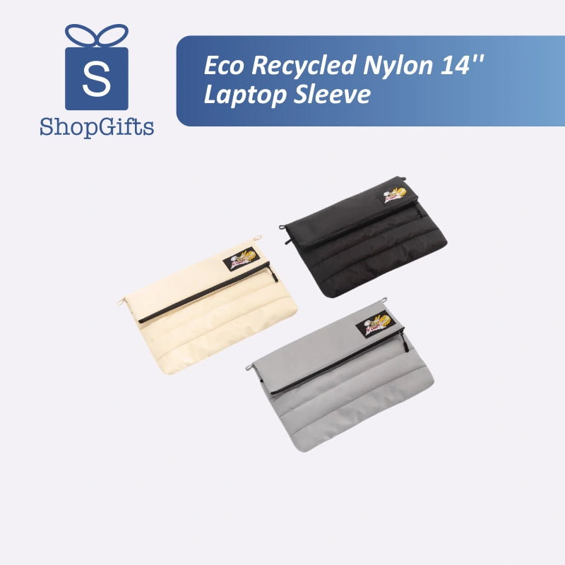 Three laptop sleeves in beige, black, and gray with 'ShopGifts' branding on a white background.