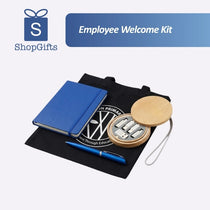 Premium Employee Welcome Kit featuring blue notebook, pen, black tote, and bamboo cable adapter set_customised Gift Set Singapore