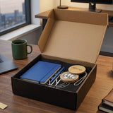 Premium Employee Welcome Kit featuring blue notebook, pen, black tote, and bamboo cable adapter set_customised Gift Set Singapore