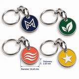 Enamel Trolley Coin Keychain in polished silver alloy with colourful enamel designs for supermarket trolley use_ Small corprate Gifts