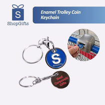 Enamel Trolley Coin Keychain in polished silver alloy with colourful enamel designs for supermarket trolley use_ Small corprate Gifts