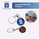Enamel Trolley Coin Keychain in polished silver alloy with colourful enamel designs for supermarket trolley use_ Small corprate Gifts