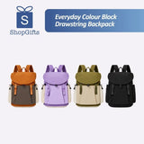 Everyday Colour Block Drawstring Backpack in orange, brown and cream, worn over the shoulder_corproate gift