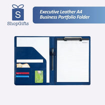 Navy Blue Executive Vegan Leather A4 Business Portfolio with clipboard and card slots on a desk _ corporate gift