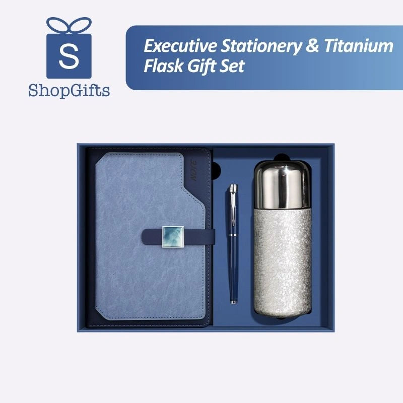 Premium Titanium Executive Gift Set with blue textured notebook and silver flask in a luxury presentation box_ corporate teacher gift_Premium Corporate Gift Set