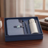 Premium Titanium Executive Gift Set with blue textured notebook and silver flask in a luxury presentation box_ corporate teacher gift_Premium Corporate Gift Set