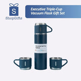 Navy blue Executive Triple-Cup Insulated Flask Set with three matching stainless steel cups_corporate gift