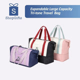 Expandable Wet-Dry Separation Travel Tote in purple and navy with palm tree logo and bottom shoe compartment_ corporate gifts