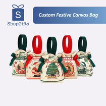 Set of custom festive canvas bags with Christmas designs on a white background, featuring ShopGifts logo.