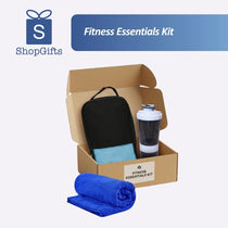Elite Performance Wellness Fitness Gift Set with blue microfiber towel and black shaker bottle in a kraft gift box_Customised Gift Set Singapore
