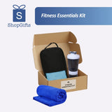 Elite Performance Wellness Fitness Gift Set with blue microfiber towel and black shaker bottle in a kraft gift box_Customised Gift Set Singapore