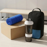 Elite Performance Wellness Fitness Gift Set with blue microfiber towel and black shaker bottle in a kraft gift box_Customised Gift Set Singapore