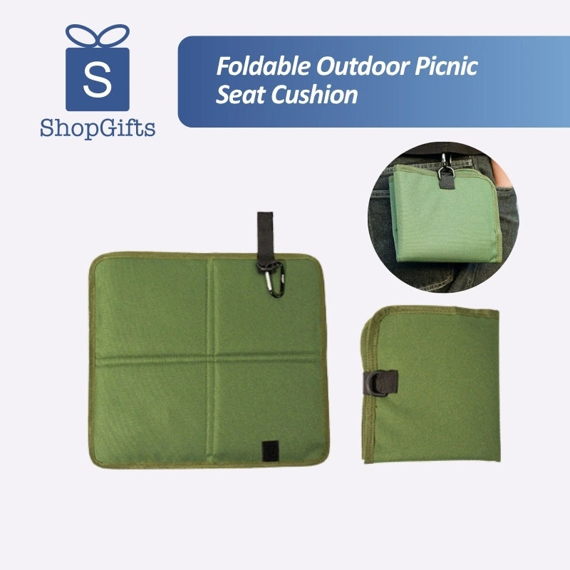 Olive green waterproof folding outdoor seat cushion with black carabiner clip for hiking and camping_customised corporate gifts singapore