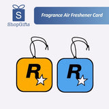 Custom branded square hanging FragranceAirFreshenerCard  in red, blue, and orange with minimalist star logo Giftshop