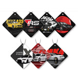 Custom branded square hanging FragranceAirFreshenerCard  in red, blue, and orange with minimalist star logo Giftshop