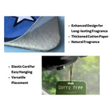 Custom branded square hanging FragranceAirFreshenerCard  in red, blue, and orange with minimalist star logo Giftshop