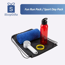 Premium Corporate Fitness Fun Run Kit featuring a black drawstring bag, blue towel, red bottle, and white portable fan_Customised Gift Pack Singapore