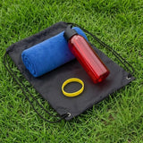Premium Corporate Fitness Fun Run Kit featuring a black drawstring bag, blue towel, red bottle, and white portable fan_Customised Gift Pack Singapore
