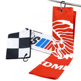 Blue Premium Waffle Weave Microfiber Golf Towel with black carabiner clip and white golf club logo_ corporate gift
