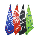 Blue Premium Waffle Weave Microfiber Golf Towel with black carabiner clip and white golf club logo_ corporate gift