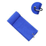 Blue Premium Waffle Weave Microfiber Golf Towel with black carabiner clip and white golf club logo_ corporate gift