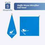 Blue Premium Waffle Weave Microfiber Golf Towel with black carabiner clip and white golf club logo_ corporate gift