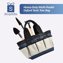 Blue and beige Heavy-Duty Multi-Pocket Oxford Tool Tote with black handles and multiple exterior pockets for garden tools. Gift Shop