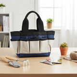 Blue and beige Heavy-Duty Multi-Pocket Oxford Tool Tote with black handles and multiple exterior pockets for garden tools. Gift Shop
