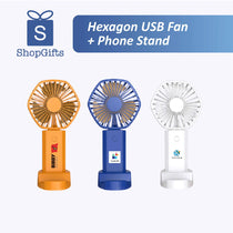 Hexagon-shaped USB fan with built-in phone stand, compact design for desktop use