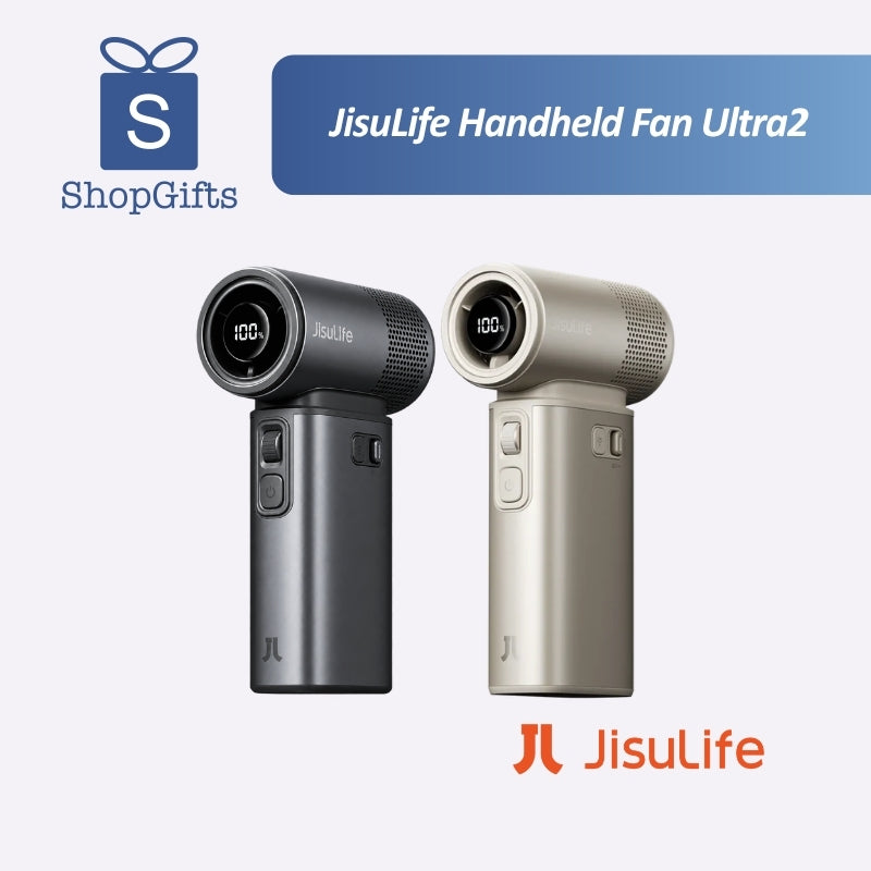 JISULIFE 9000mAh Turbo Handheld Fan (Ultra2) in dark grey with round LED display for outdoor cooling