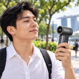 JISULIFE 9000mAh Turbo Handheld Fan (Ultra2) in dark grey with round LED display for outdoor cooling