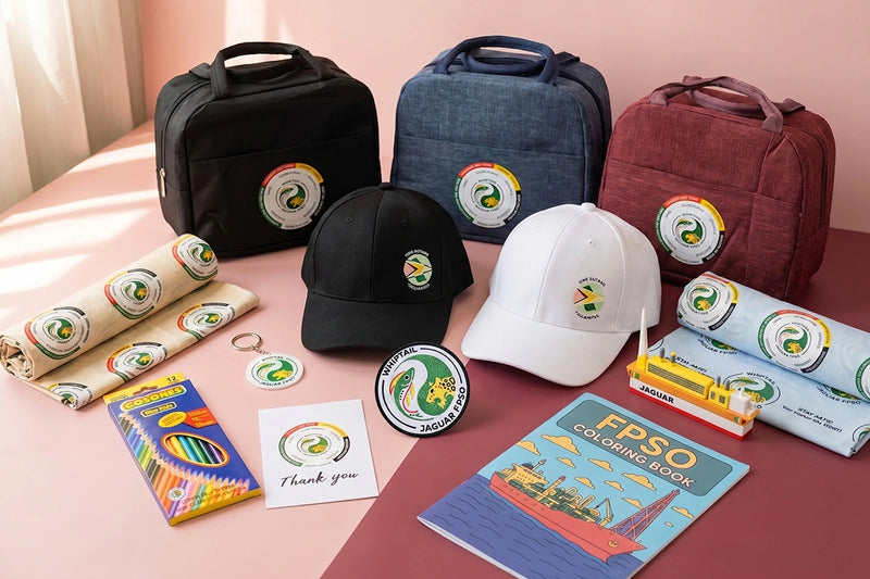 Collection of branded merchandise including bags, hats, and stationery on a pink surface.