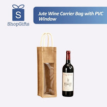 Natural Artisan Jute Wine Carrier with clear window and white rope handles on a wooden surface_Corporate Door Gift