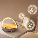 Wooden lamp with sound control icons on a soft background