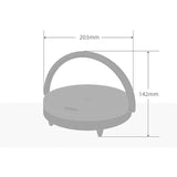 Measurement chart of a round portable stove with dimensions labeled.