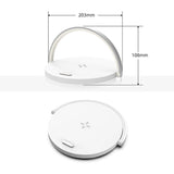 White wireless charging pad with dimensions on a white background