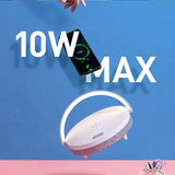 White electronic device with pink accents on a blue background, featuring '10W MAX' text.