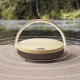 Round robot vacuum cleaner on a concrete surface with greenery in the background