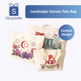 Canvas tote bag with various designs including flowers, a flag, and a Singapore-themed illustration on a white background.