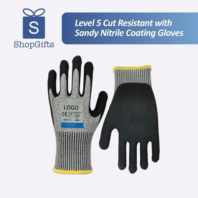Grey and black EN388 cut-resistant work gloves with nitrile coating and touchscreen fingertips for industrial safety _ Corporate gift