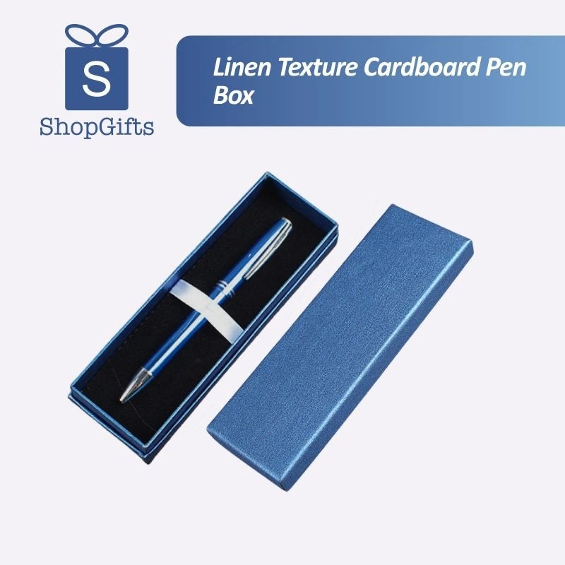 Navy blue textured linen pen gift box with black velvet interior and elastic security strap_ corporate gift supplier singapore