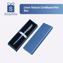 Navy blue textured linen pen gift box with black velvet interior and elastic security strap_ corporate gift supplier singapore