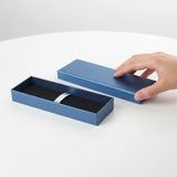 Navy blue textured linen pen gift box with black velvet interior and elastic security strap_ corporate gift supplier singapore