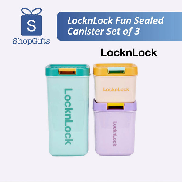 Set of three LocknLock canisters in teal, beige, and purple on a white background.