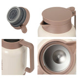 Collage of a beige thermos with brown lid and handle on a white background